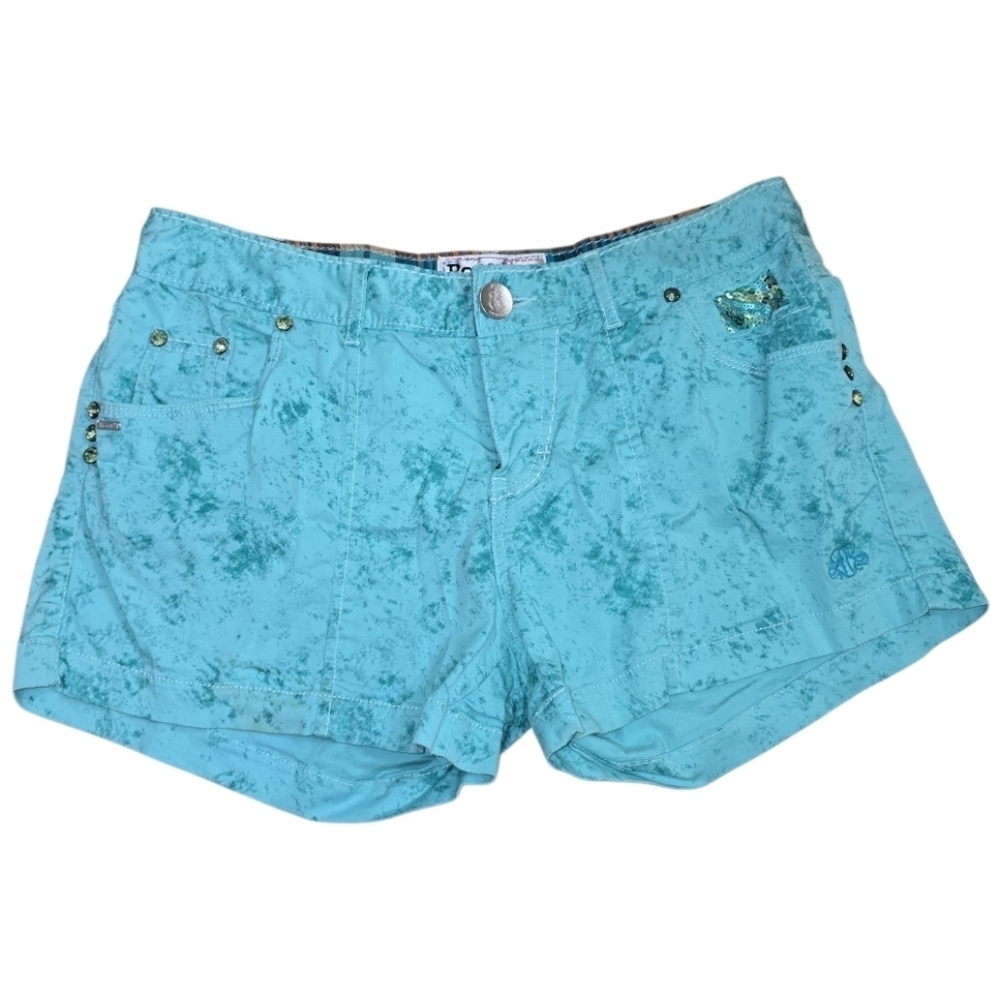Roar Y2K Low-Rise Shorts 29 Distressed Sparkles Sequins Turquoise 3" Inseam